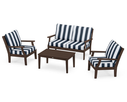 POLYWOOD® Braxton 4-Piece Deep Seating Chair Set in Mahogany / Cabana Stripe Marine Indigo