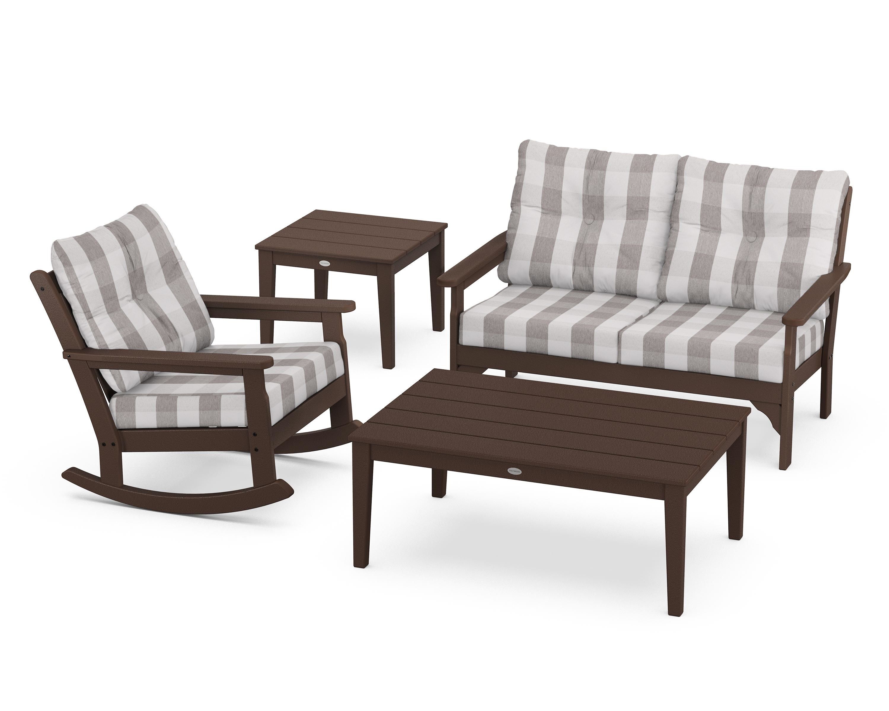POLYWOOD® Vineyard 4-Piece Deep Seating Rocker Set in Mahogany / Buffalo Plaid Grey Mist
