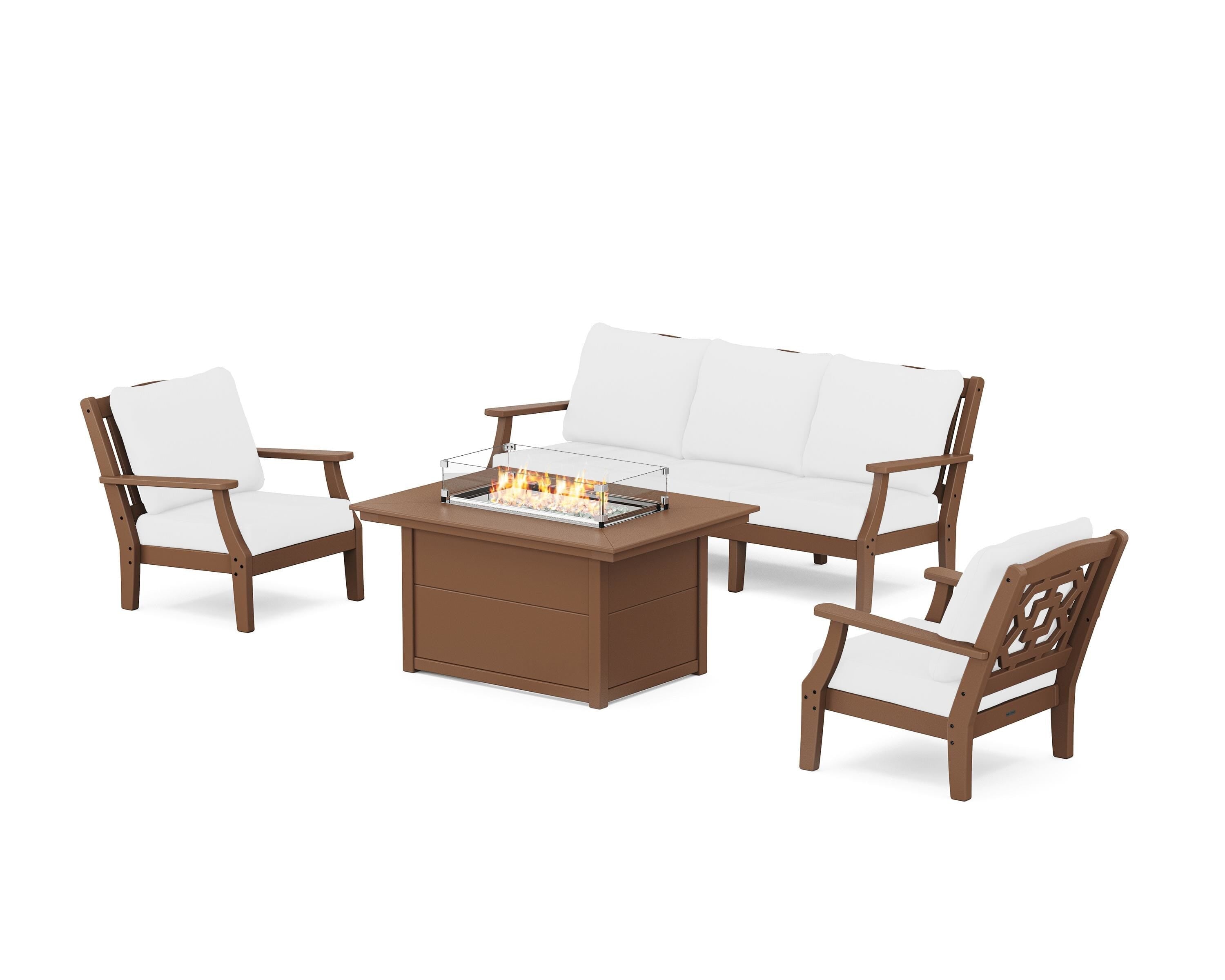 Martha Stewart by POLYWOOD® Chinoiserie Deep Seating Fire Pit Table Set in Teak / Natural