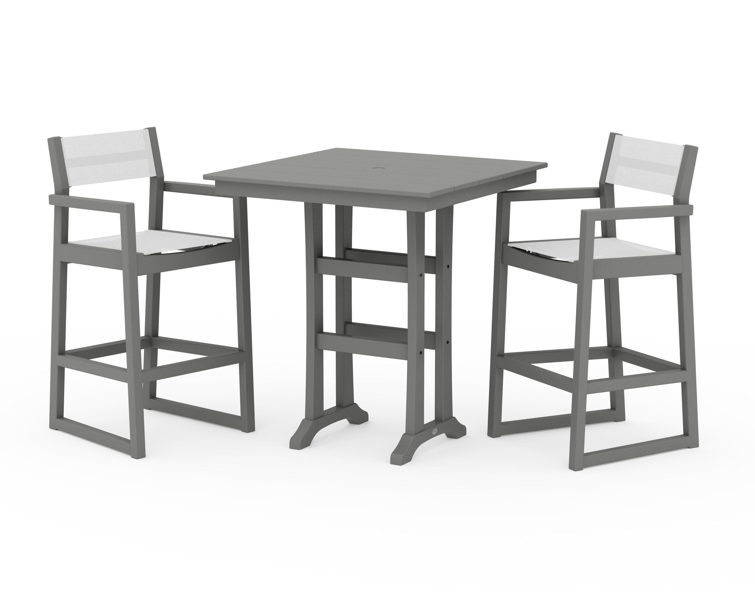 POLYWOOD® EDGE Sling Arm Chair 3-Piece Farmhouse Bar Set with Trestle Legs in Slate Grey / White Sling