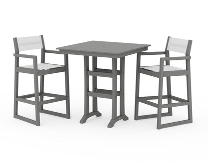 POLYWOOD® EDGE Sling Arm Chair 3-Piece Farmhouse Bar Set with Trestle Legs in Slate Grey / White Sling