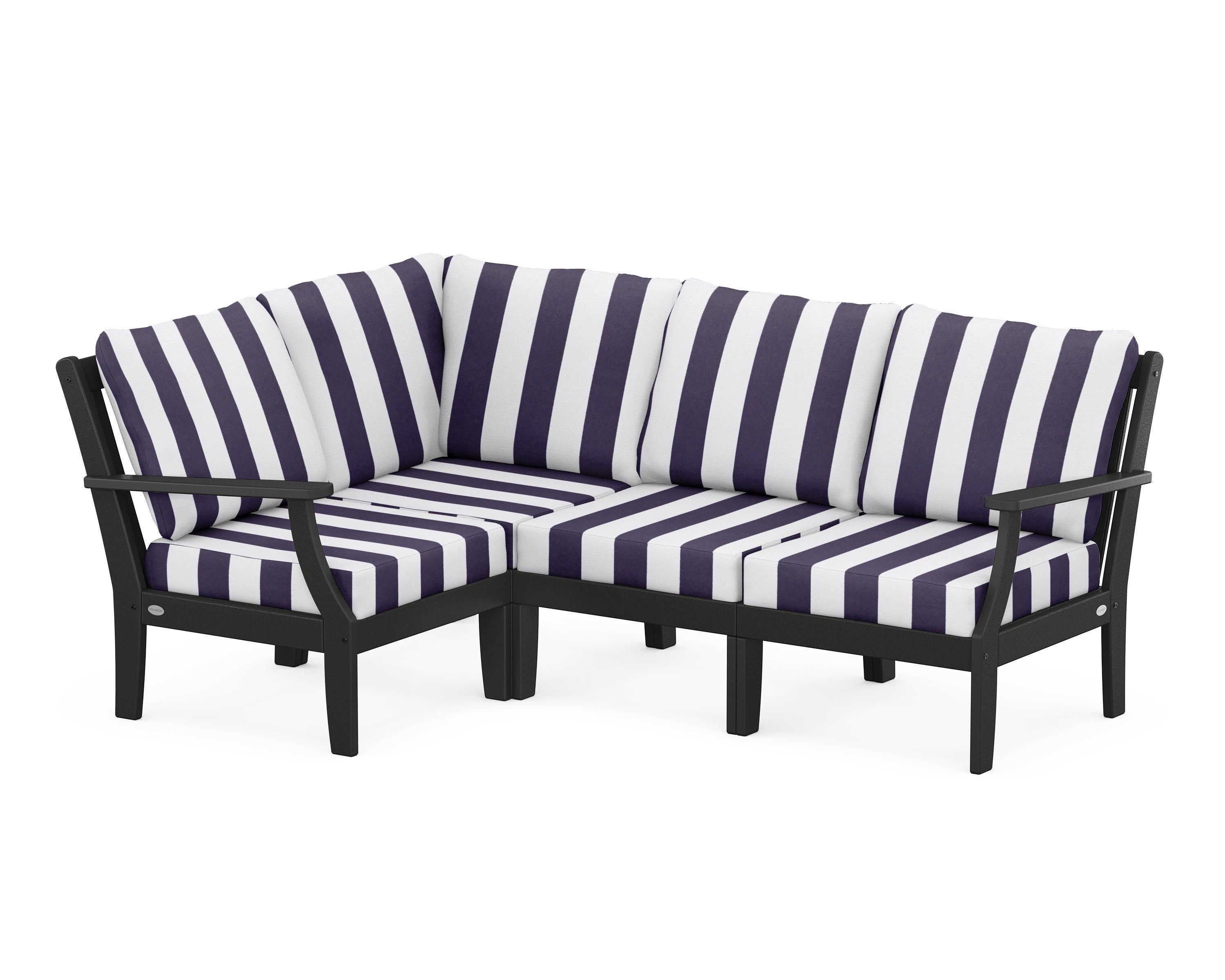 POLYWOOD® Braxton Modular 4-Piece Deep Seating Set in Black / Cabana Stripe Navy