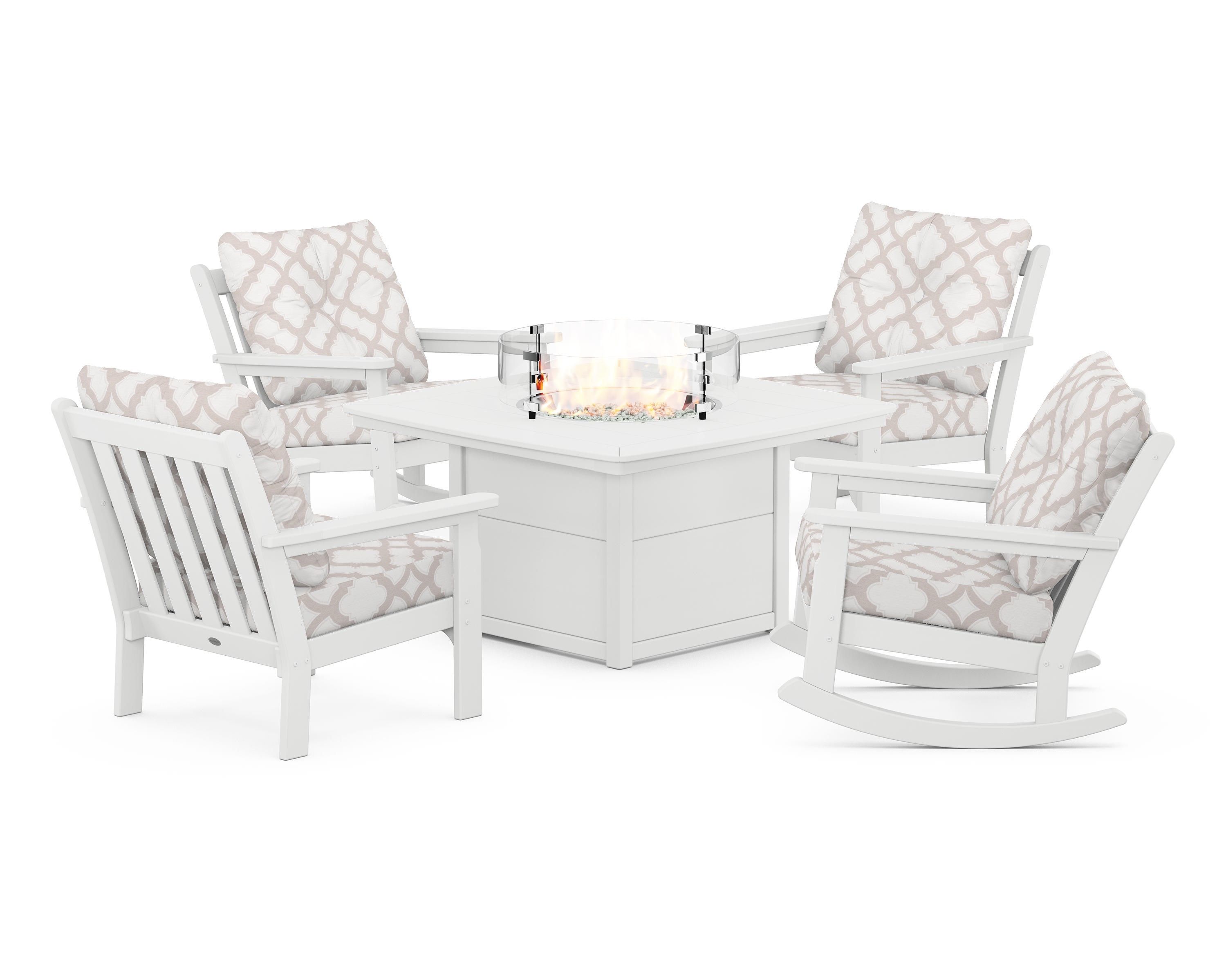 POLYWOOD® Vineyard 5-Piece Deep Seating Rocking Chair Conversation Set with Fire Pit Table in White / Trellis Dune Burlap