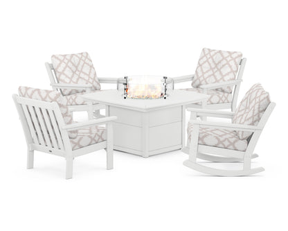 POLYWOOD® Vineyard 5-Piece Deep Seating Rocking Chair Conversation Set with Fire Pit Table in White / Trellis Dune Burlap