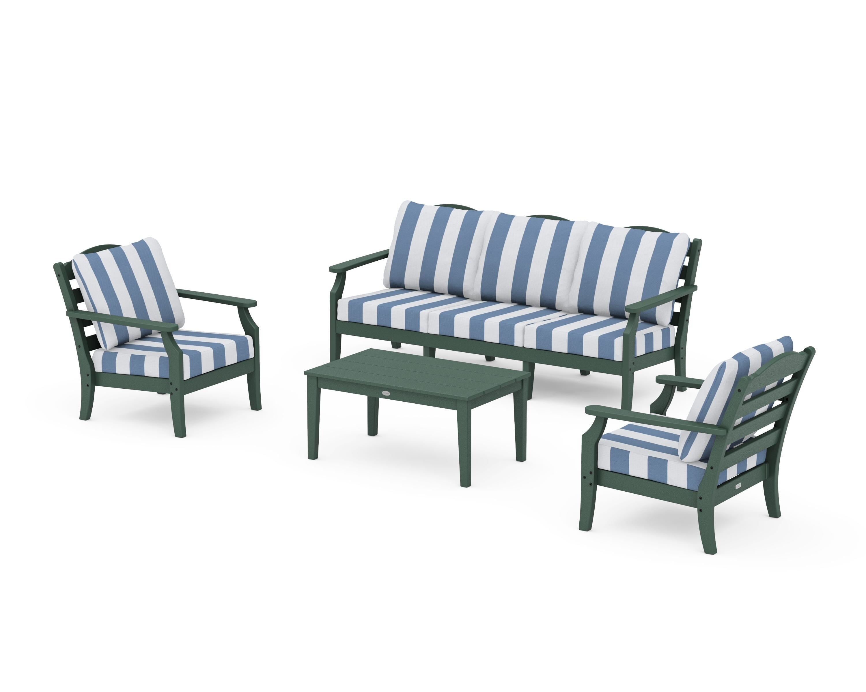 Draper James™ by  POLYWOOD® Savannah 4-Piece Deep Seating Set with Sofa in Green / Cabana Stripe Sky Blue