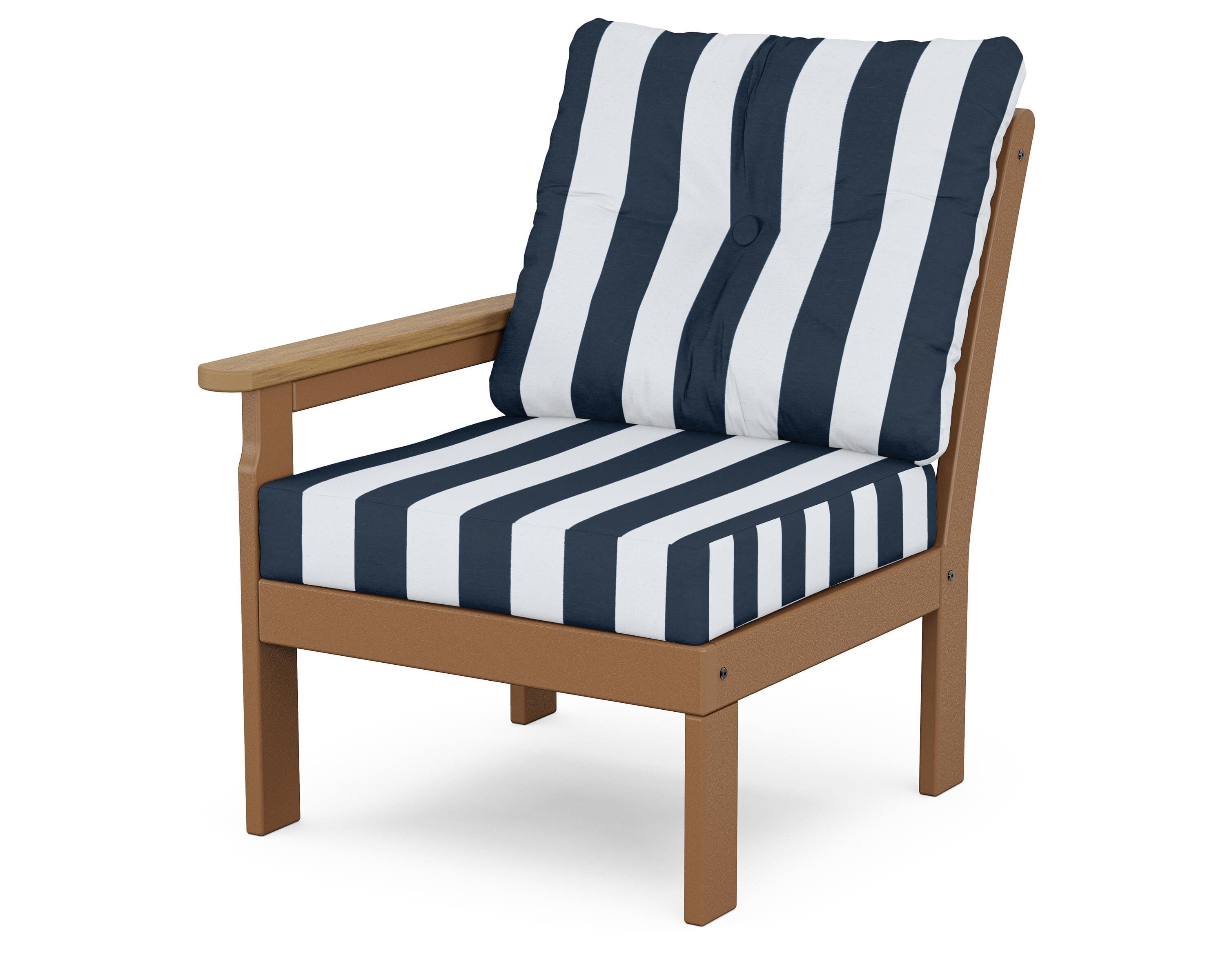 POLYWOOD® Vineyard Modular Left Arm Chair in Teak / Natural / Cabana Stripe Marine Indigo