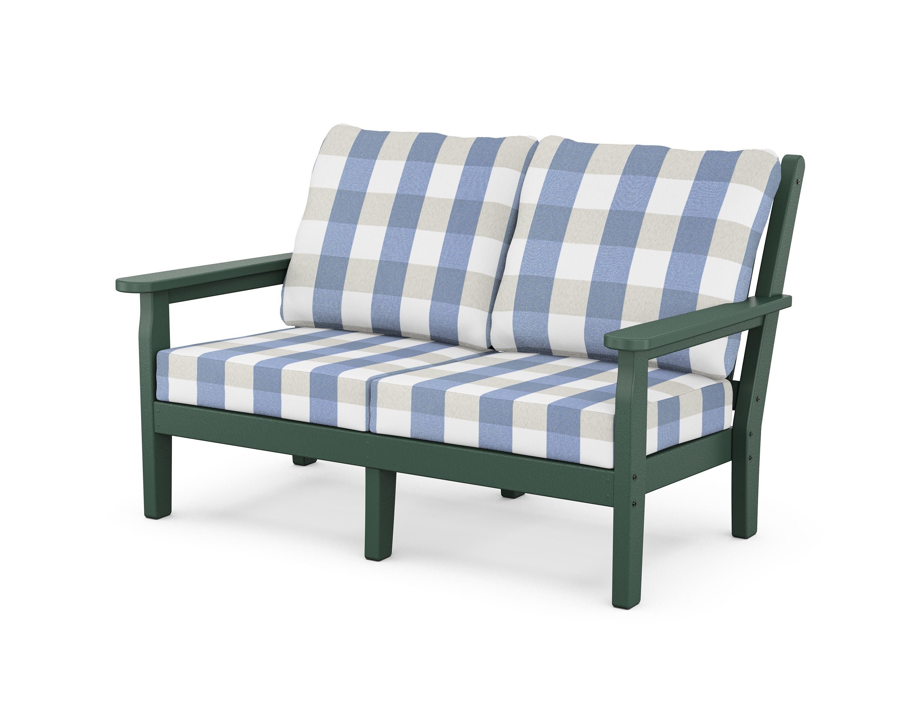 POLYWOOD® Chippendale Deep Seating Loveseat in Green / Buffalo Plaid Sky Blue