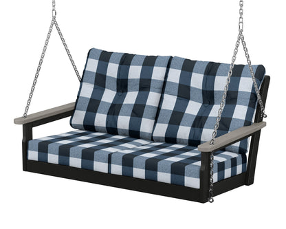 POLYWOOD® Vineyard Deep Seating Swing in Black / Driftwood / Buffalo Plaid Marine Indigo