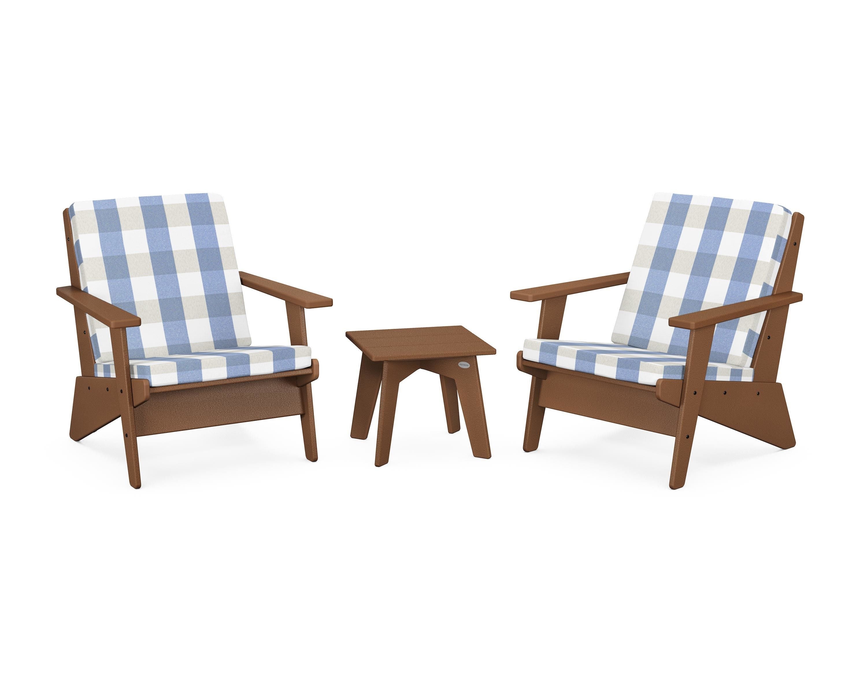 POLYWOOD® Riviera Modern Lounge 3-Piece Set in Teak / Buffalo Plaid Sky Blue
