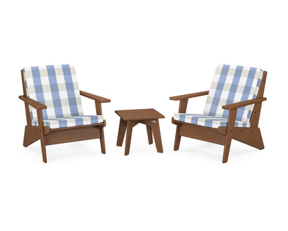 POLYWOOD® Riviera Modern Lounge 3-Piece Set in Teak / Buffalo Plaid Sky Blue