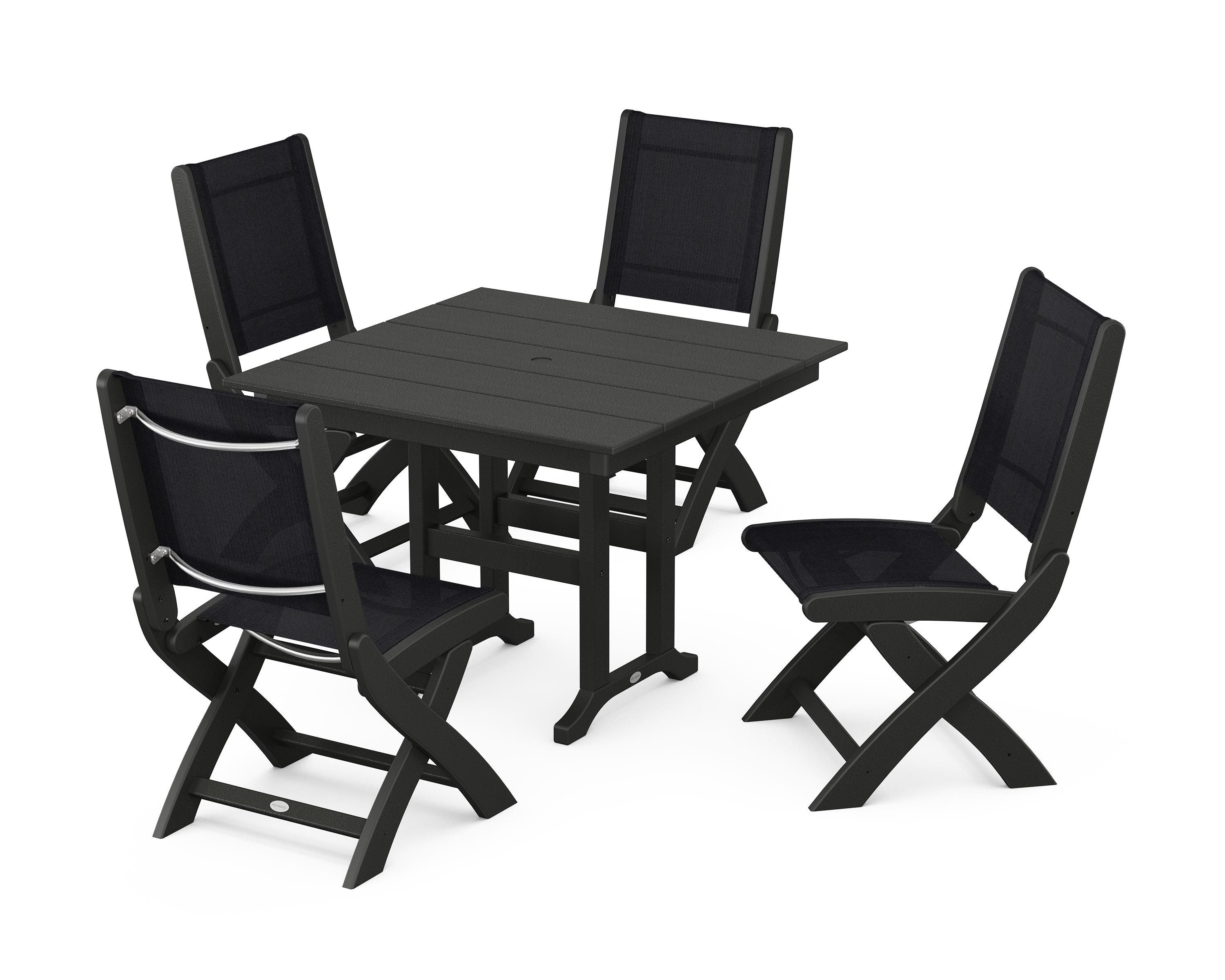 POLYWOOD® Coastal Folding Side Chair 5-Piece Farmhouse Dining Set in Black / Black Sling