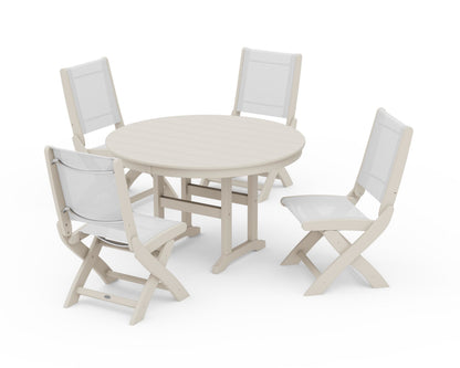 POLYWOOD® Coastal Folding Side Chair 5-Piece Round Dining Set in Sand / White Sling