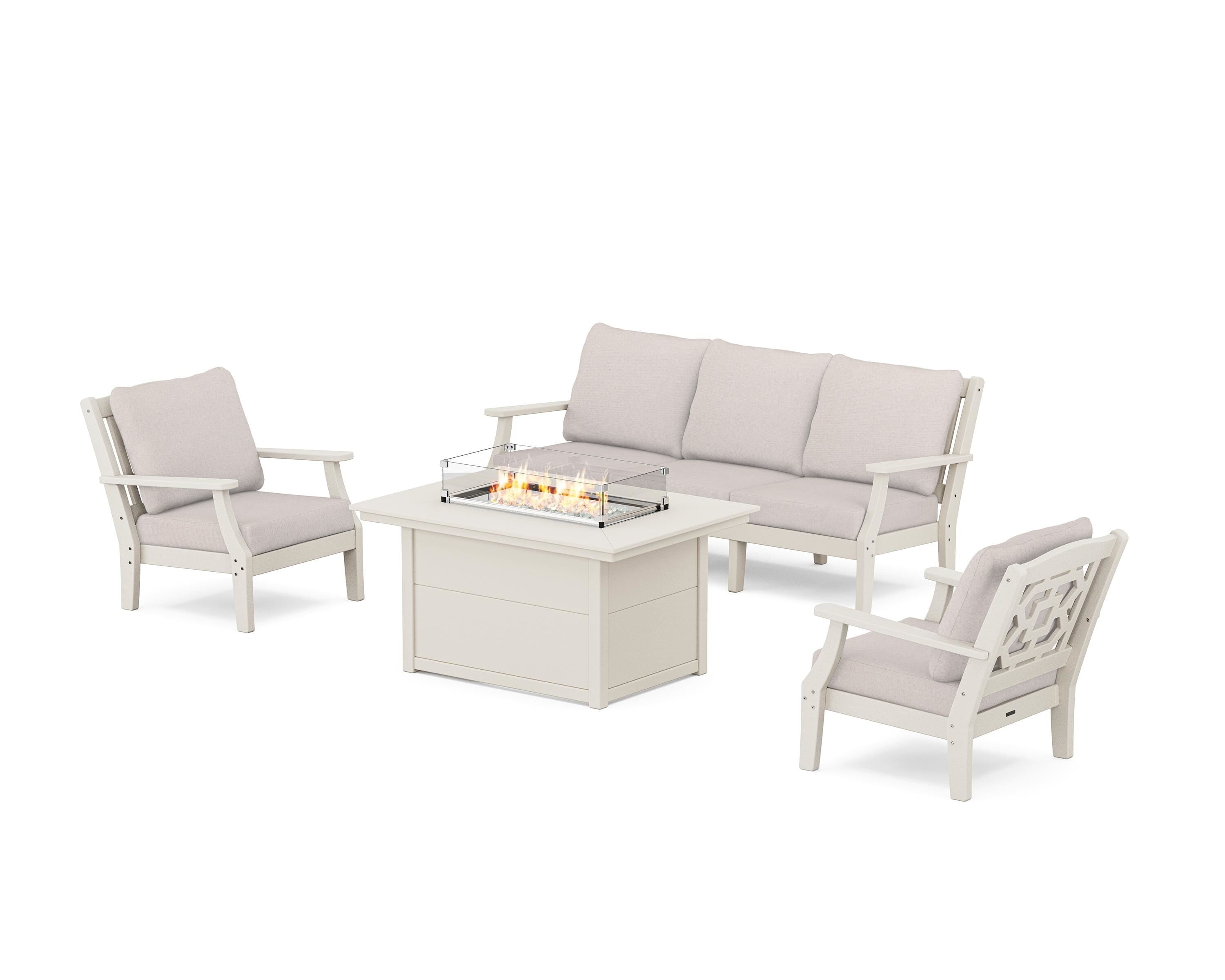 Martha Stewart by POLYWOOD® Chinoiserie Deep Seating Fire Pit Table Set in Sand / Dune Burlap