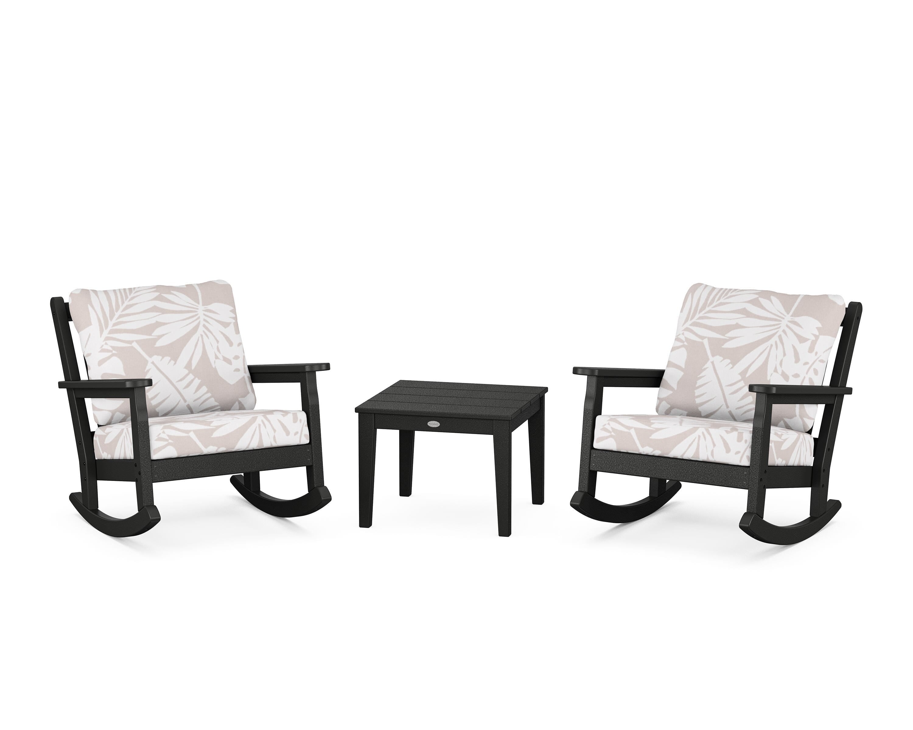 POLYWOOD® Chippendale 3-Piece Deep Seating Rocker Set in Black / Leaf Dune Burlap