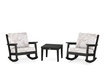 POLYWOOD® Chippendale 3-Piece Deep Seating Rocker Set in Black / Leaf Dune Burlap