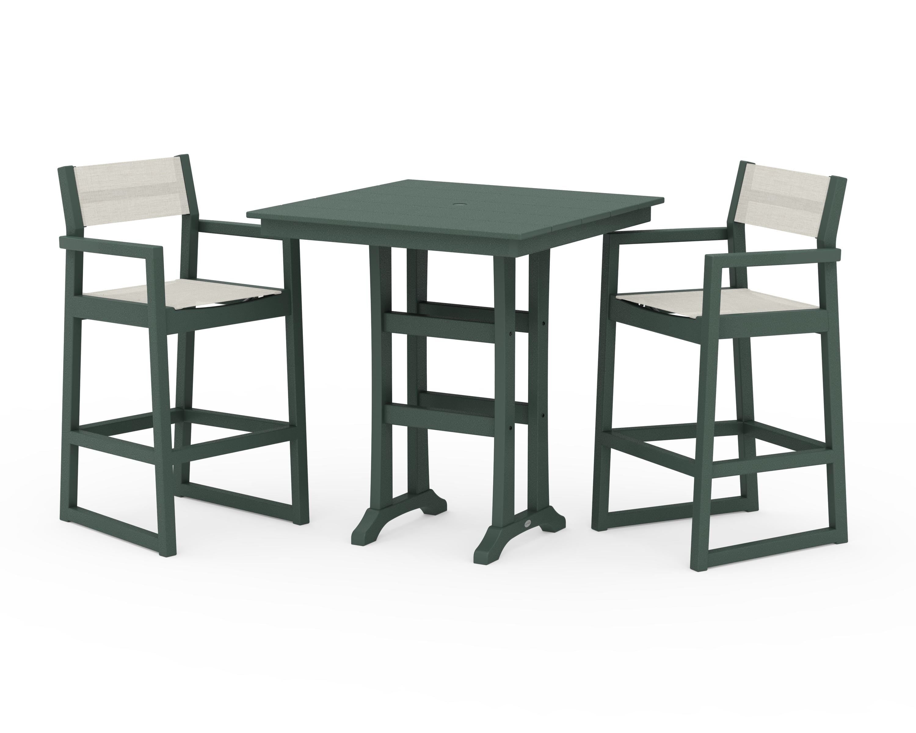 POLYWOOD® EDGE Sling Arm Chair 3-Piece Farmhouse Bar Set with Trestle Legs in Green / Parchment Sling