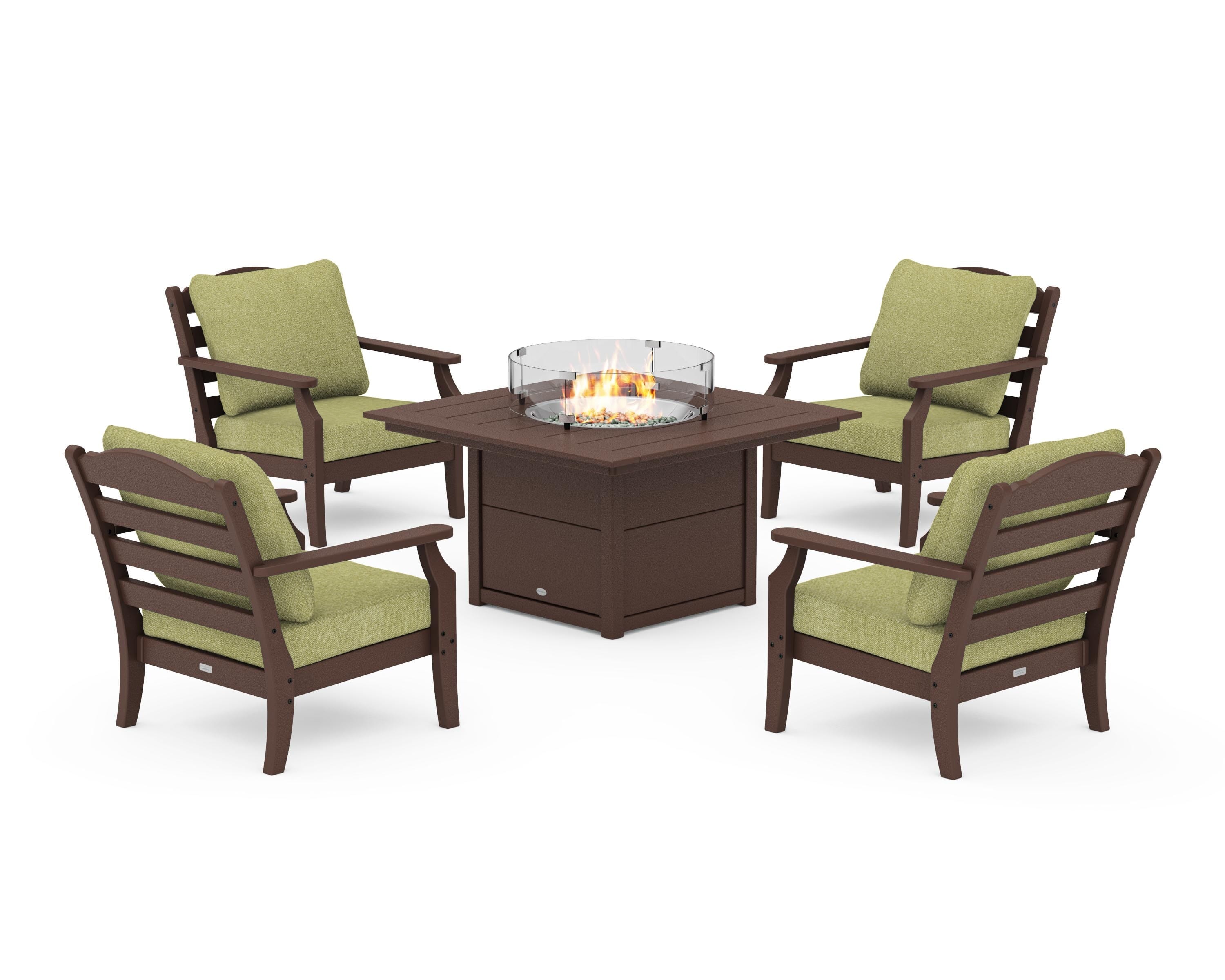 Draper James™ by  POLYWOOD® Savannah 5-Piece Deep Seating Set with Fire Pit Table in Mahogany / Chartreuse Boucle