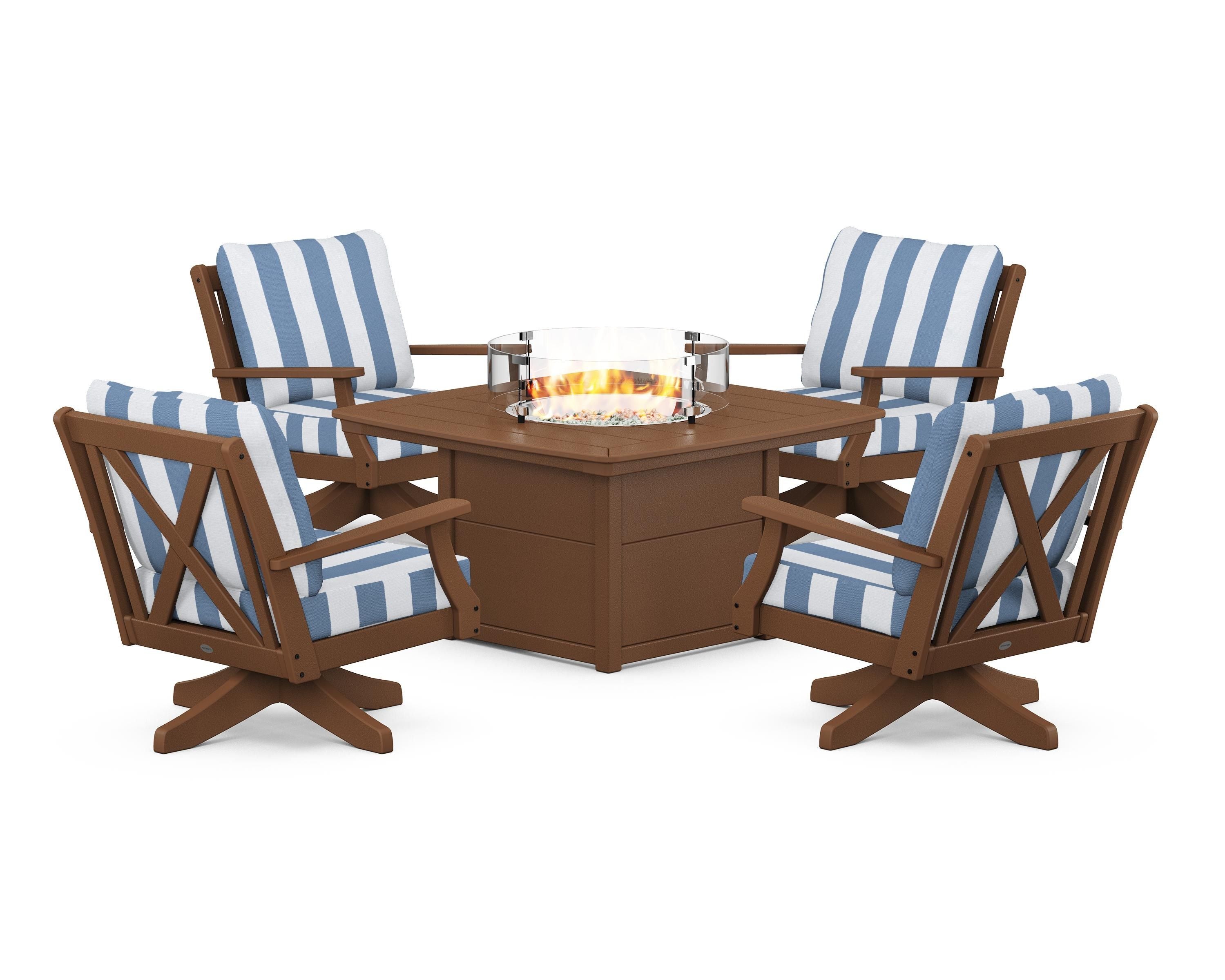 POLYWOOD® Braxton 5-Piece Deep Seating Swivel Conversation Set with Fire Pit Table in Teak / Cabana Stripe Sky Blue