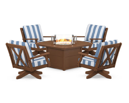POLYWOOD® Braxton 5-Piece Deep Seating Swivel Conversation Set with Fire Pit Table in Teak / Cabana Stripe Sky Blue