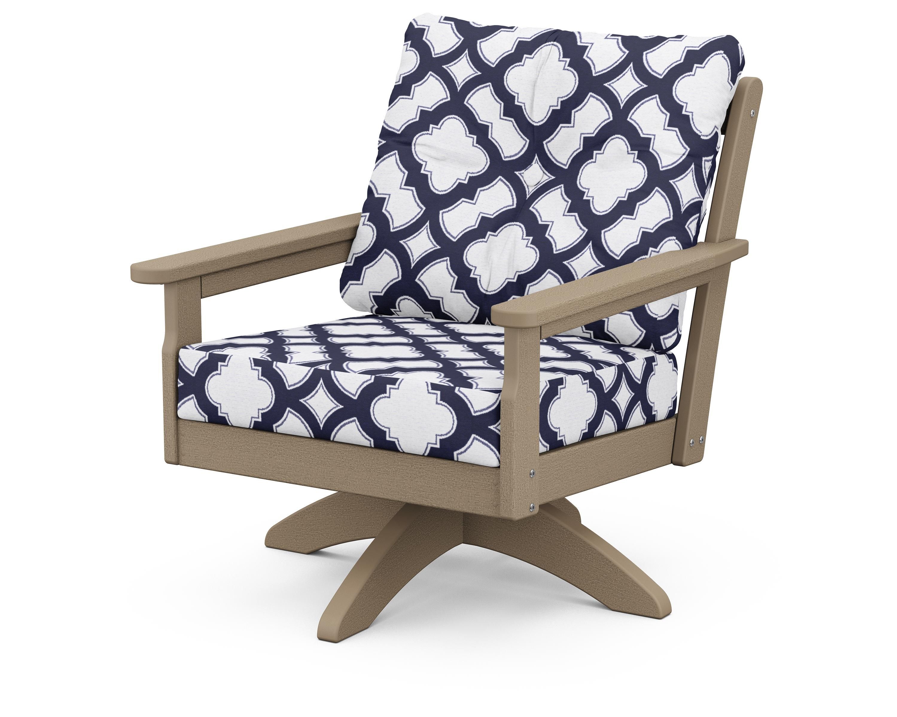 POLYWOOD® Vineyard Deep Seating Swivel Chair in Vintage Sahara / Trellis Navy