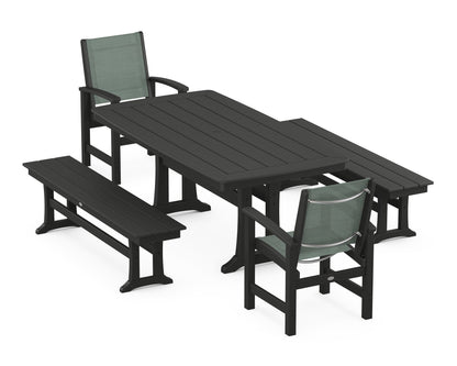 POLYWOOD® Coastal 5-Piece Dining Set with Trestle Legs and Benches in Black / Dupioni Sea Mist Sling