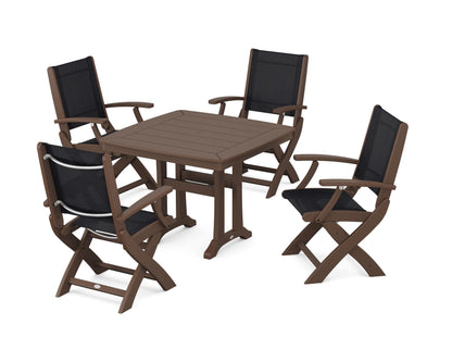 POLYWOOD® Coastal Folding Chair 5-Piece Dining Set with Trestle Legs in Mahogany / Black Sling