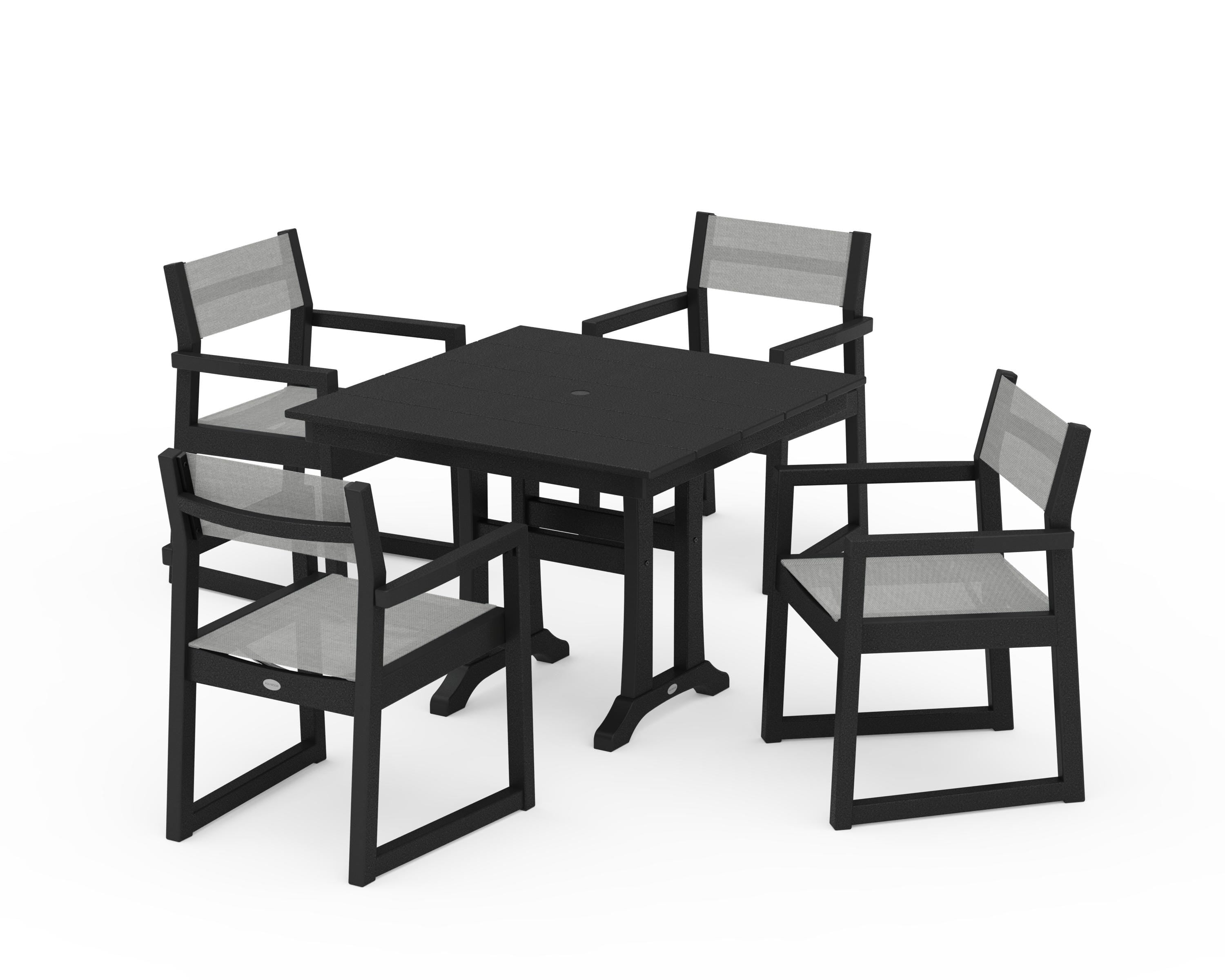POLYWOOD® EDGE Sling 5-Piece Farmhouse Dining Set with Trestle Legs in Black / Metallic Sling