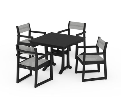 POLYWOOD® EDGE Sling 5-Piece Farmhouse Dining Set with Trestle Legs in Black / Metallic Sling