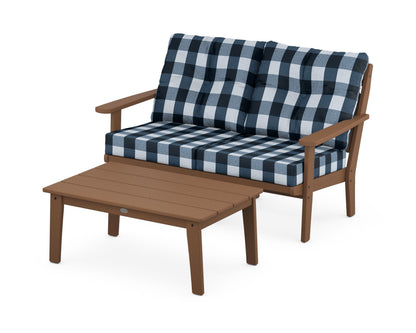 POLYWOOD® Lakeside 2-Piece Lounge Loveseat Set in Teak / Buffalo Plaid Marine Indigo