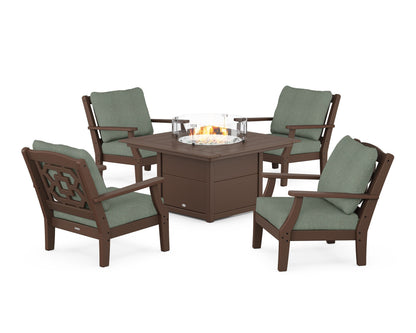 Martha Stewart by POLYWOOD® Chinoiserie 5-Piece Deep Seating Set with Fire Pit Table in Mahogany / Cast Sage