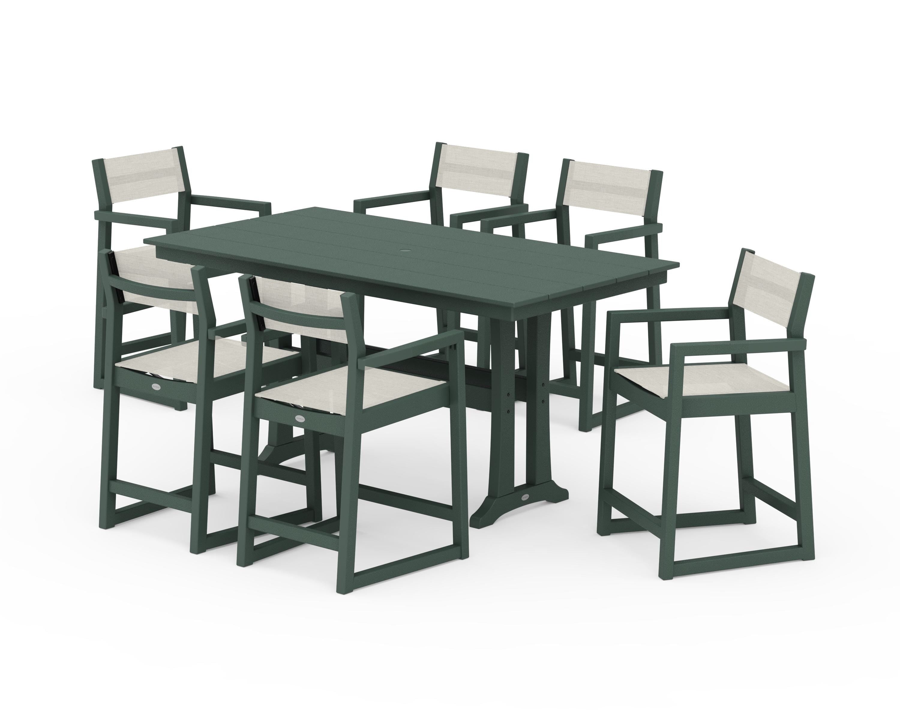 POLYWOOD® EDGE Sling Arm Chair 7-Piece Farmhouse Counter Set with Trestle Legs in Green / Parchment Sling