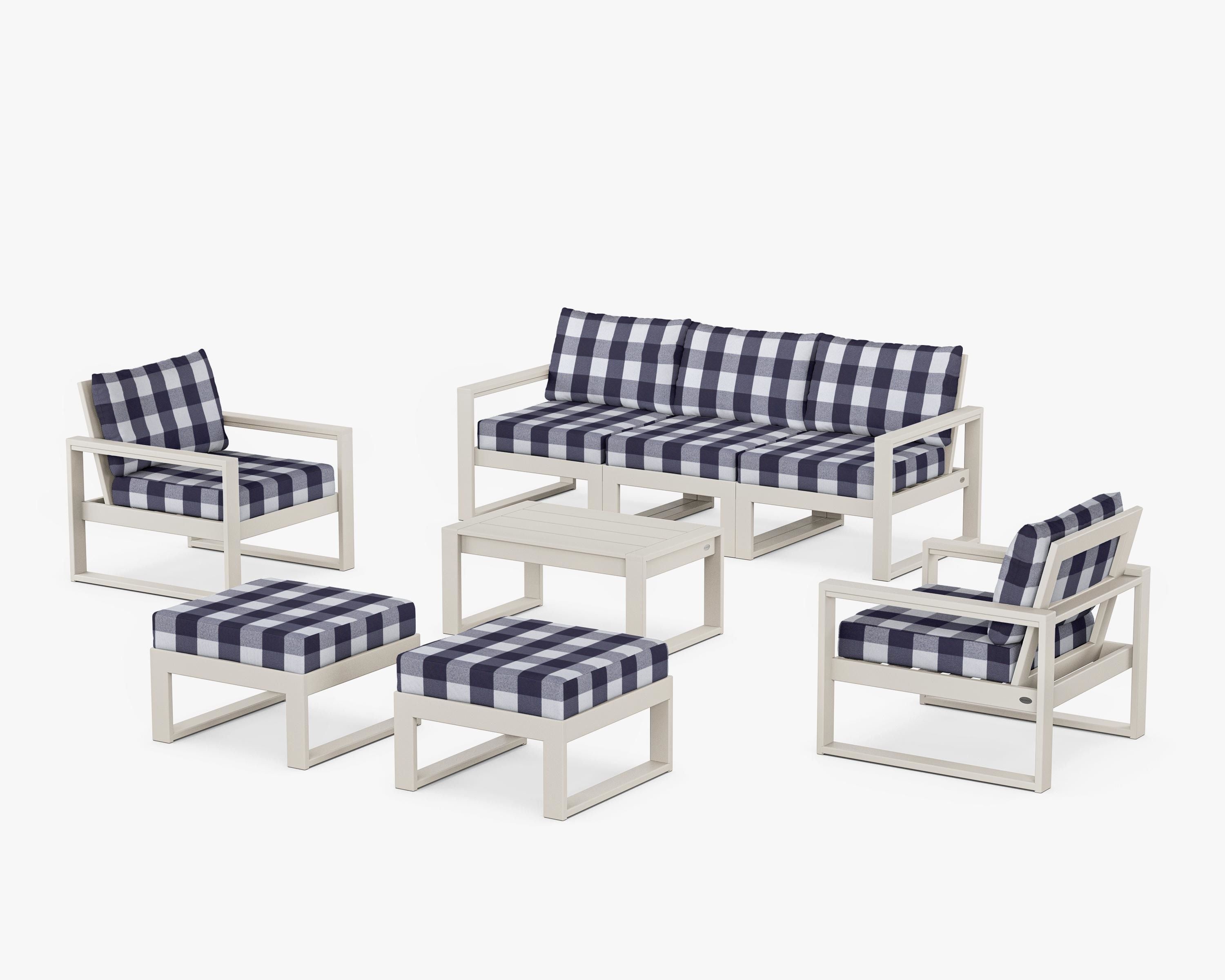 POLYWOOD® EDGE Sectional 8-Piece Lounge Sofa Set in Sand / Buffalo Plaid Navy