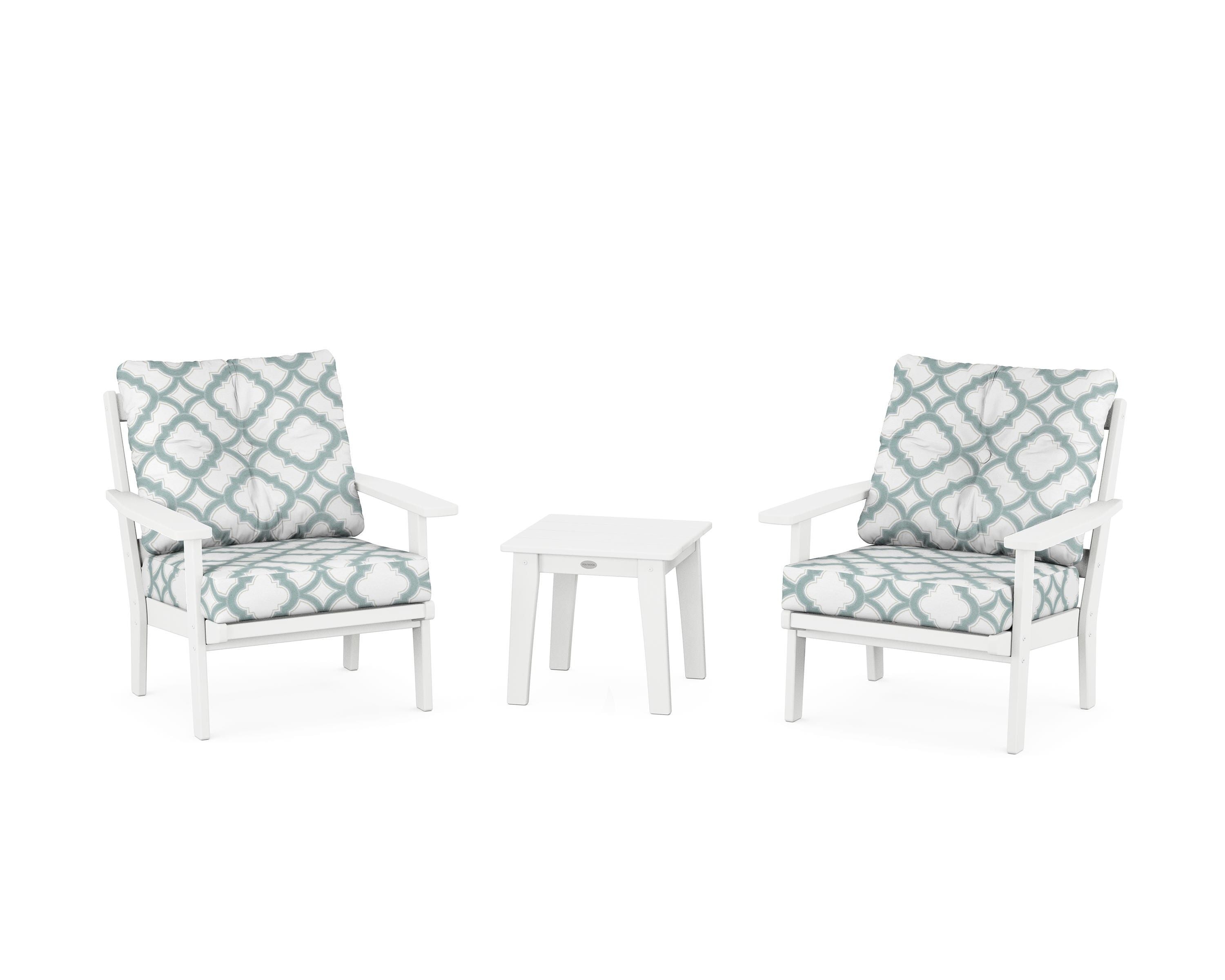 POLYWOOD® Oxford 3-Piece Deep Seating Set in White / Trellis Glacier Spa