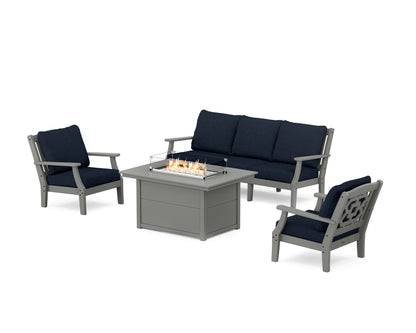 Martha Stewart by POLYWOOD® Chinoiserie Deep Seating Fire Pit Table Set in Slate Grey / Marine Indigo