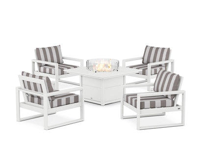 POLYWOOD® EDGE Sectional 5-Piece Deep Seating Set with Fire Pit Table in White / Cabana Stripe Grey Mist