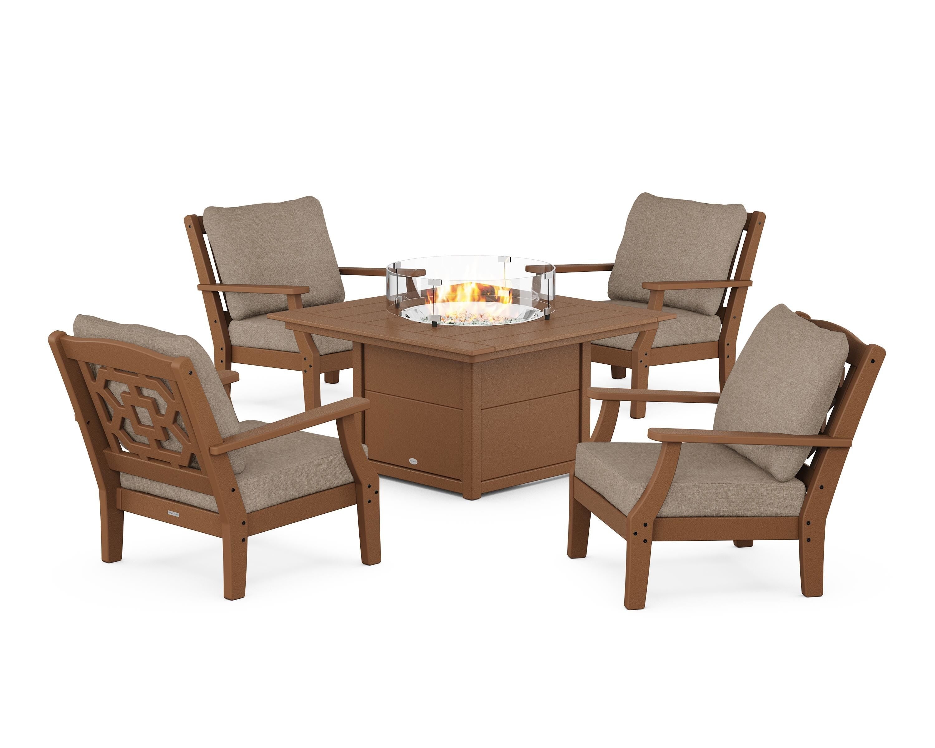 Martha Stewart by POLYWOOD® Chinoiserie 5-Piece Deep Seating Set with Fire Pit Table in Teak / Spiced Burlap