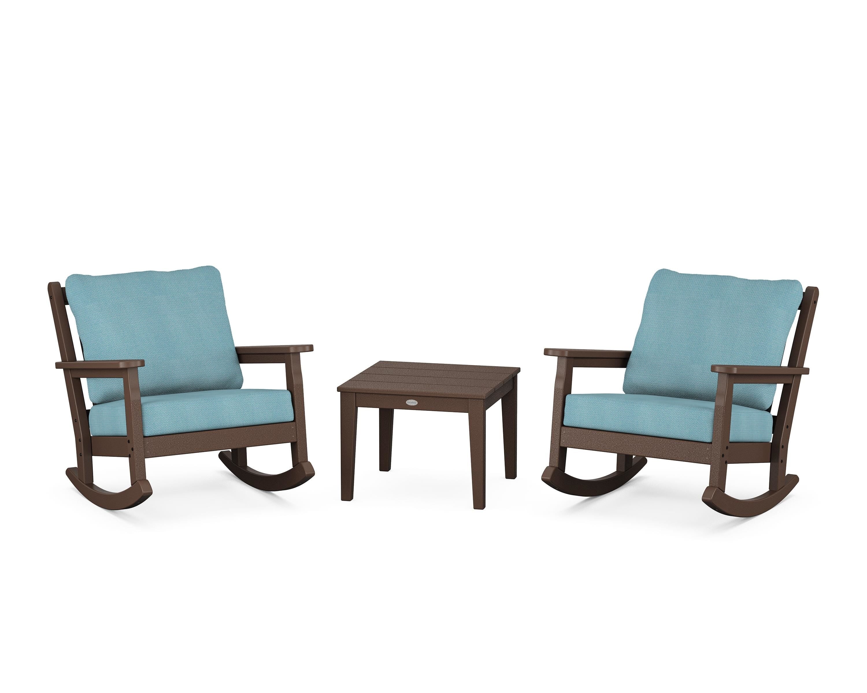 POLYWOOD® Chippendale 3-Piece Deep Seating Rocker Set in Mahogany / Lattice Sky Blue