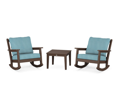 POLYWOOD® Chippendale 3-Piece Deep Seating Rocker Set in Mahogany / Lattice Sky Blue