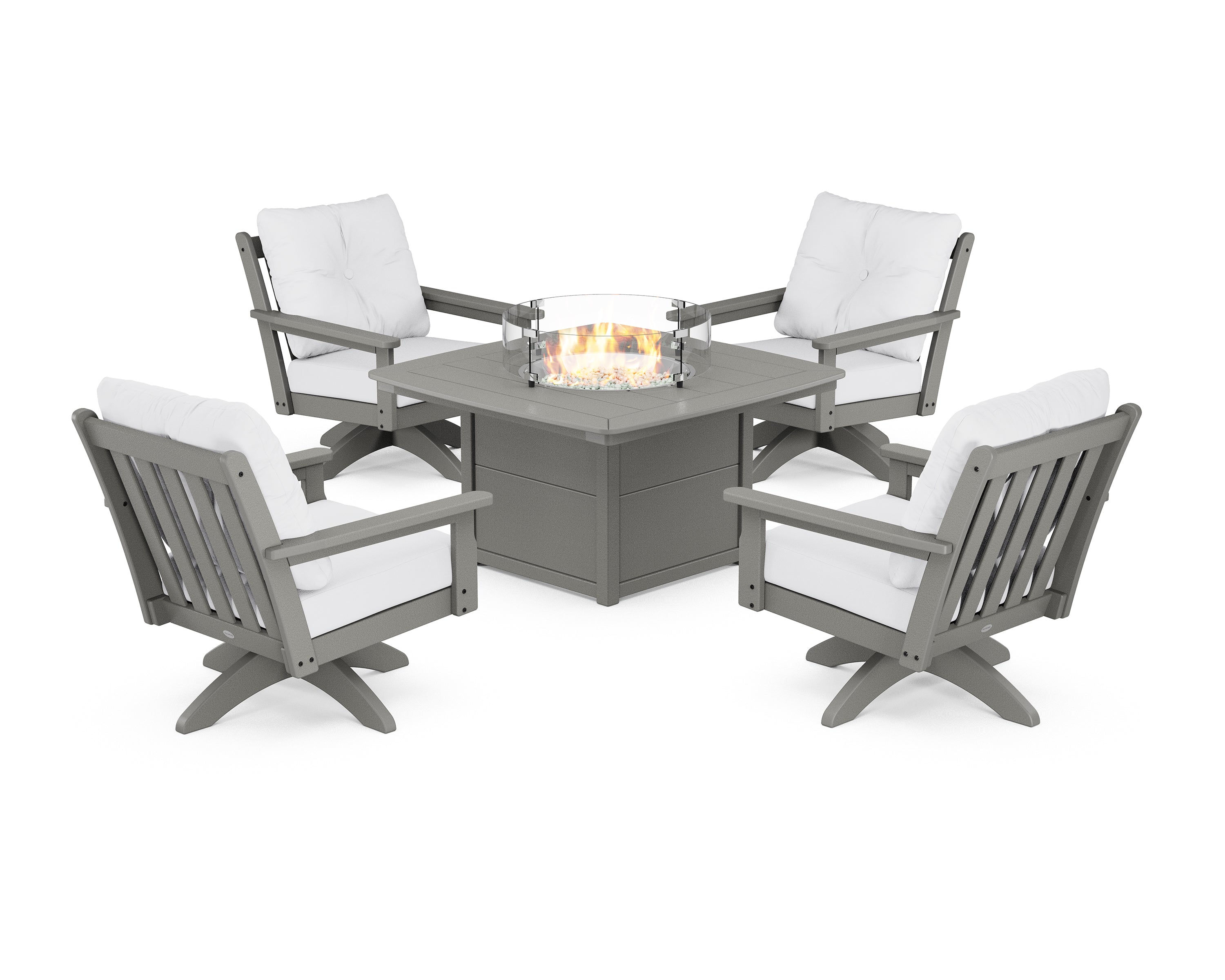 POLYWOOD® Vineyard 5-Piece Deep Seating Swivel Conversation Set with Fire Pit Table in Slate Grey / Natural