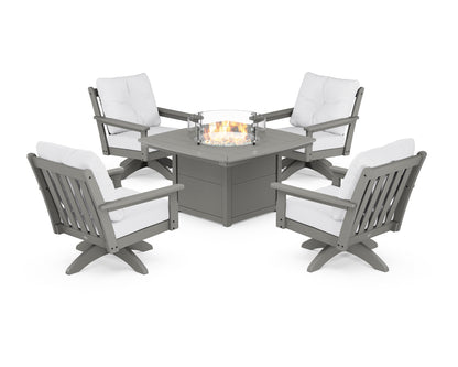 POLYWOOD® Vineyard 5-Piece Deep Seating Swivel Conversation Set with Fire Pit Table in Slate Grey / Natural