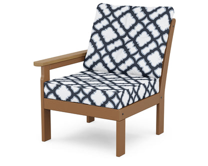 POLYWOOD® Vineyard Modular Left Arm Chair in Teak / Natural / Trellis Marine Indigo