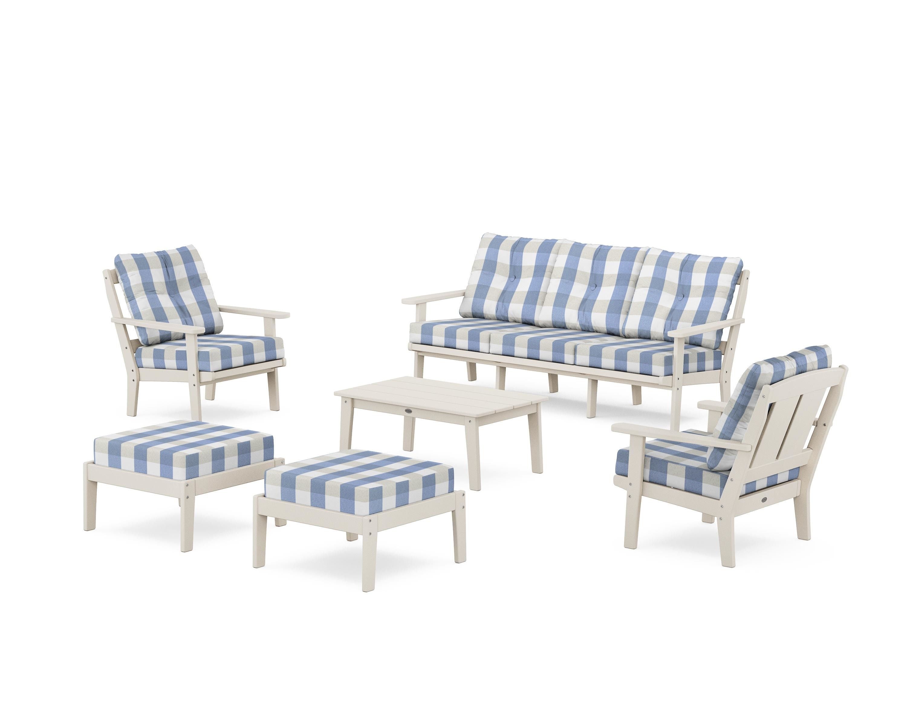 POLYWOOD® Mission 6-Piece Lounge Sofa Set in Sand / Buffalo Plaid Sky Blue