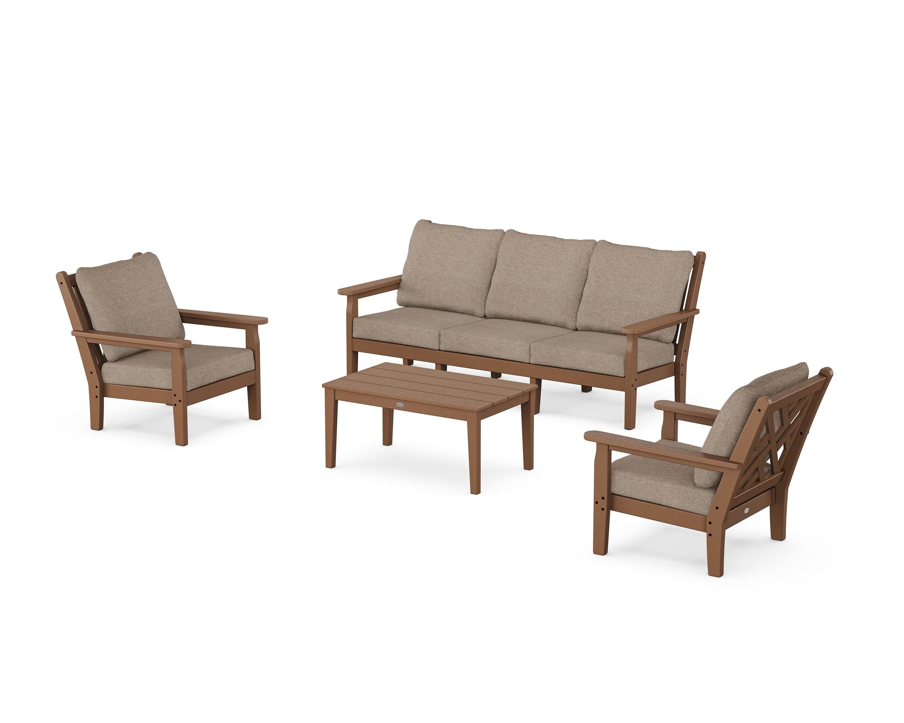 POLYWOOD® Chippendale 4-Piece Deep Seating Set with Sofa in Teak / Spiced Burlap
