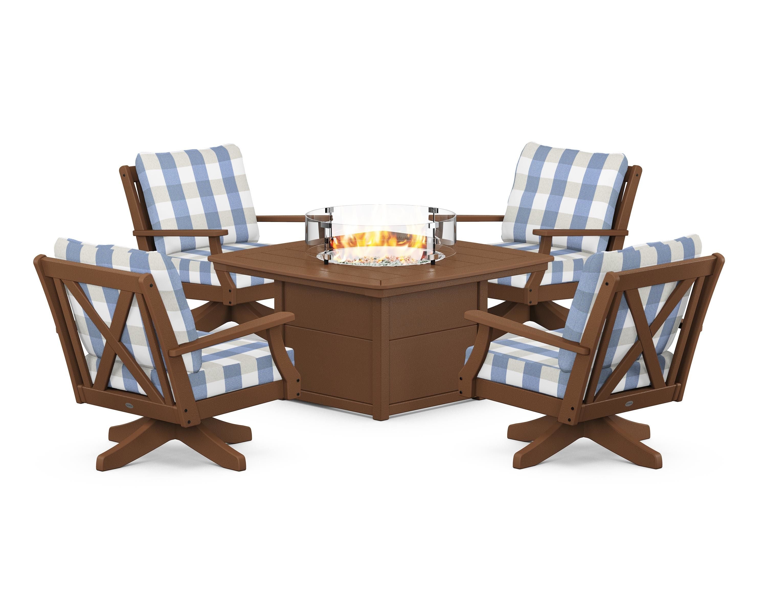 POLYWOOD® Braxton 5-Piece Deep Seating Swivel Conversation Set with Fire Pit Table in Teak / Buffalo Plaid Sky Blue