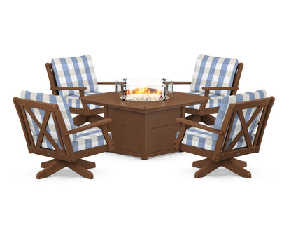 POLYWOOD® Braxton 5-Piece Deep Seating Swivel Conversation Set with Fire Pit Table in Teak / Buffalo Plaid Sky Blue