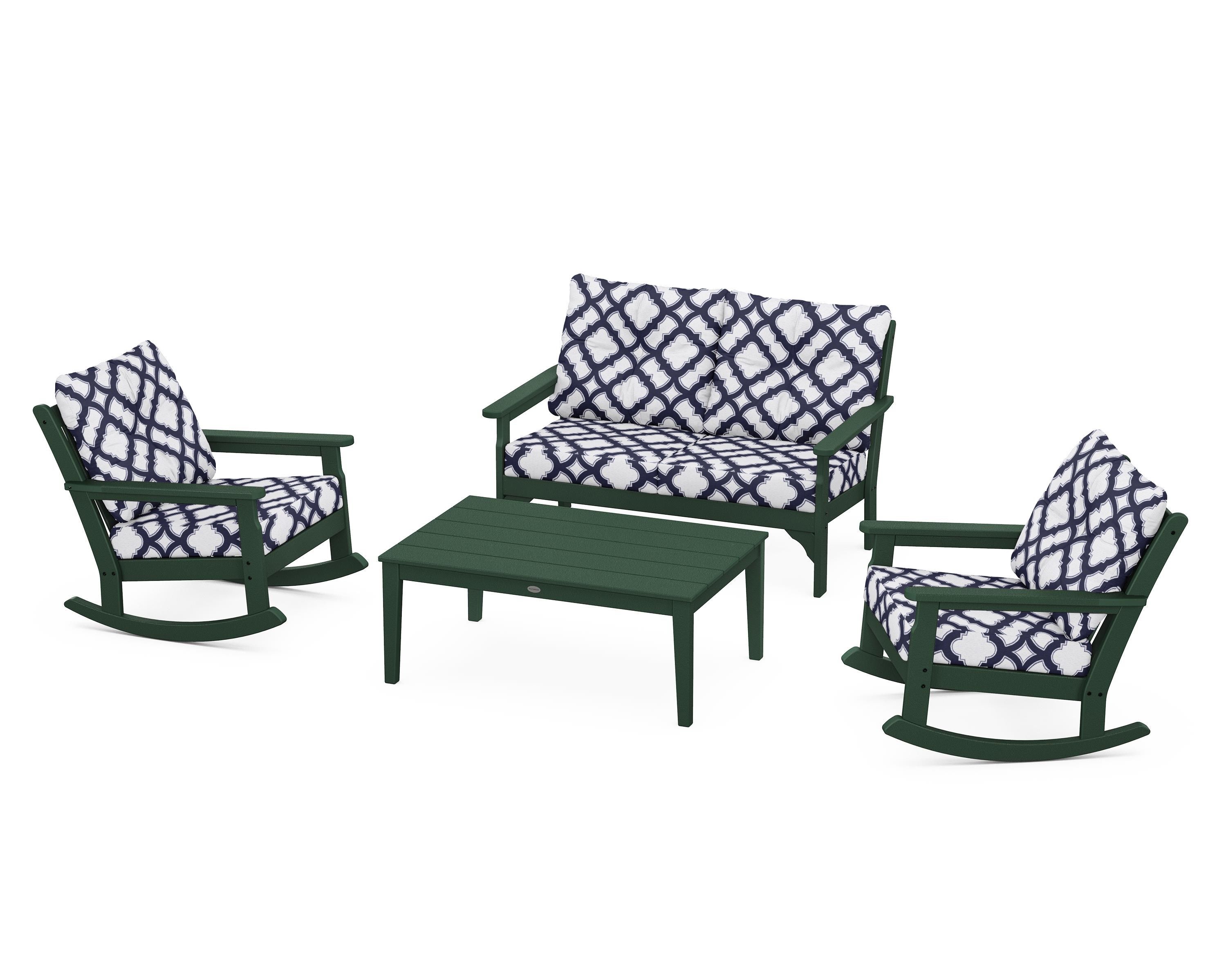 POLYWOOD® Vineyard 4-Piece Deep Seating Rocking Chair Set in Green / Trellis Navy