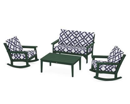 POLYWOOD® Vineyard 4-Piece Deep Seating Rocking Chair Set in Green / Trellis Navy