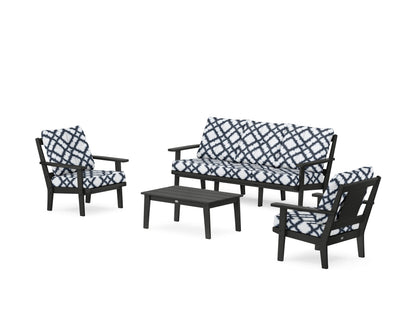 POLYWOOD® Prairie 4-Piece Deep Seating Set with Sofa in Black / Trellis Marine Indigo