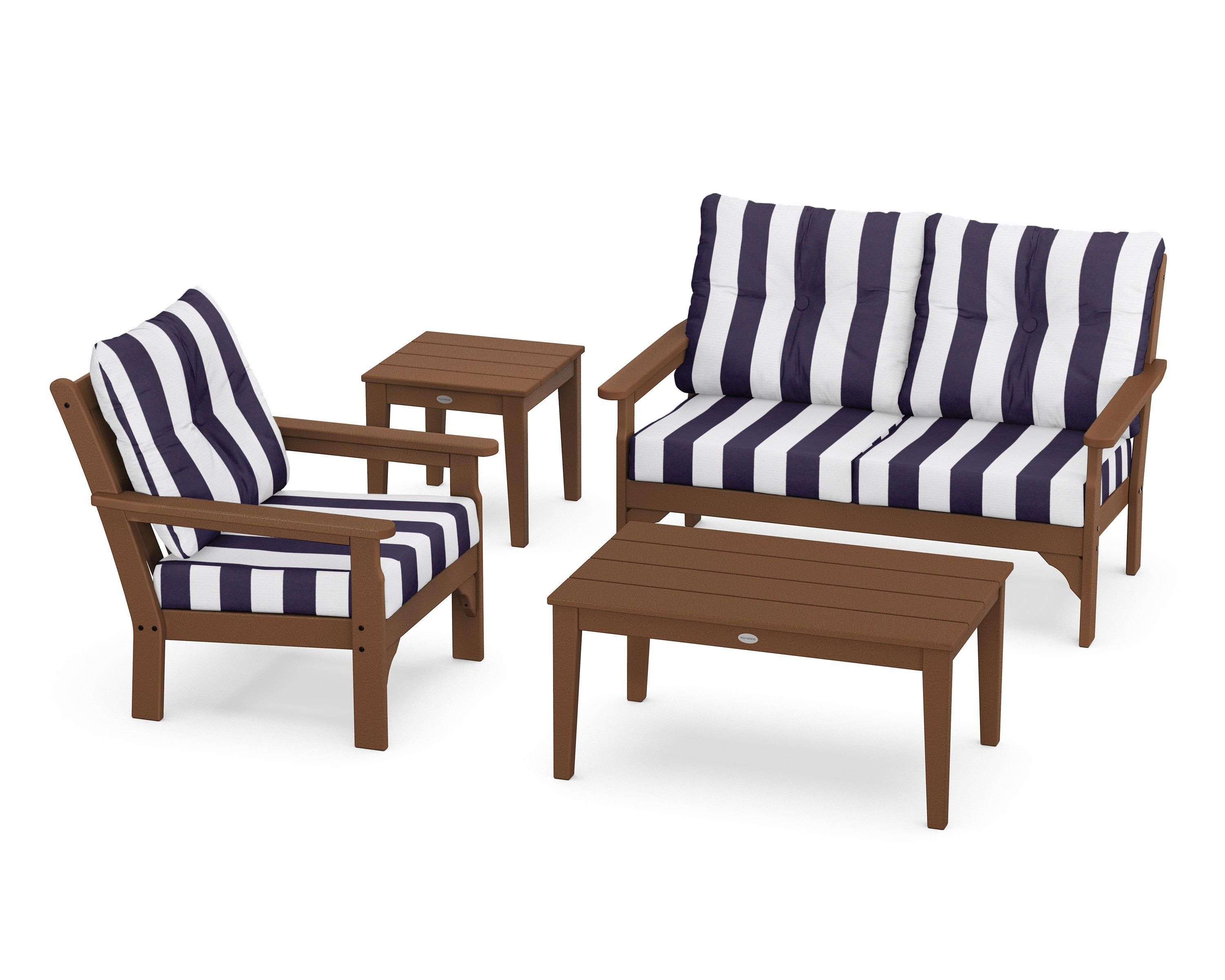 POLYWOOD® Vineyard 4-Piece Deep Seating Set in Teak / Cabana Stripe Navy