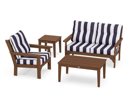 POLYWOOD® Vineyard 4-Piece Deep Seating Set in Teak / Cabana Stripe Navy